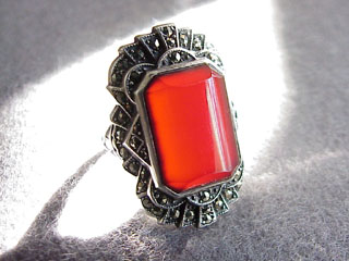 Art Deco Unger Brothers Sterling Marcasite Carnelian Ring